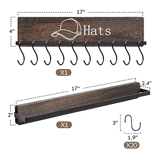 Fangsun Hat Rack For Wall, Wooden Baseball Cap Organizer With 20 Hooks, Metal Rustic Hat Pattern Hat Display Rack, Ball Cap Hanger Wall Mounted Hat Storage Holder For Closet Bedroom Entry, Set Of 2 #TOP5