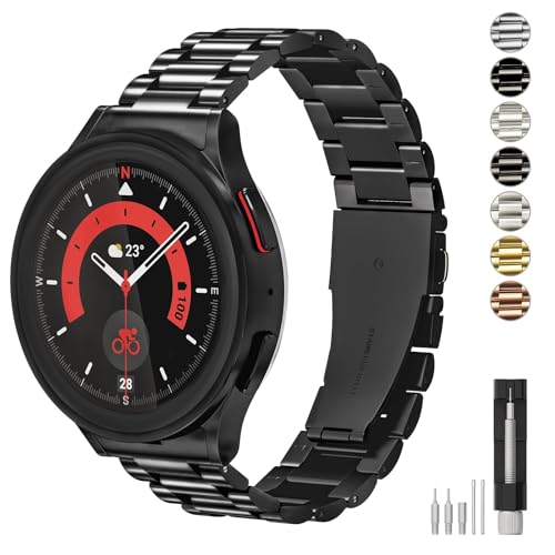 FUNSTONE Stainless Steel Band Compatible with Samsung Galaxy Watch 7 6 5 4 FE Pro Classic 40mm 44mm 43mm 47mm 45mm 42mm 46mm, 20mm Metal Elegant Casual No Gap Strap for Women Men, Black