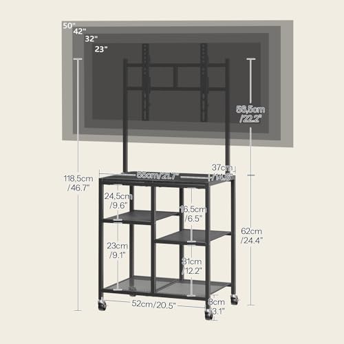 Diagram showing dimensions and TV compatibility for the HOOBRO Rolling TV Stand.