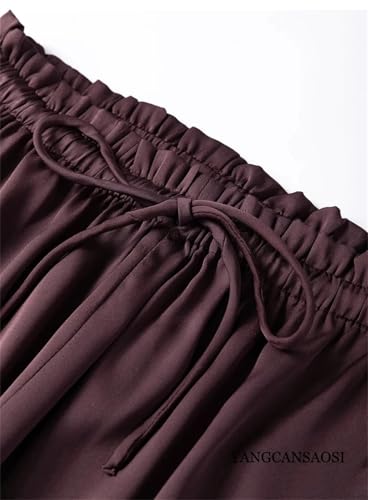 Womens Silk Elastic Waist Leg Pants Solid Color Lace-Up Comfy Long Casual Trousers with Pockets3