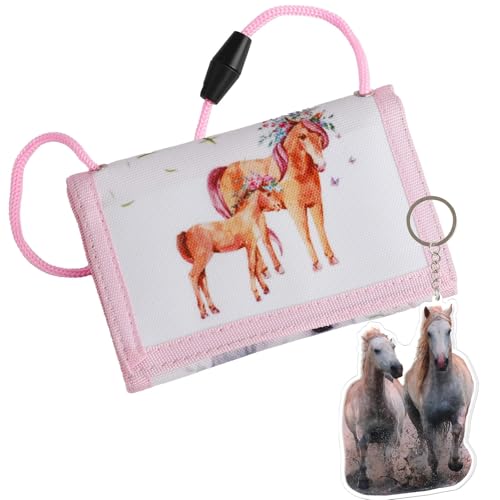 anyts Brustbeutel Kinder Pferde Mädchen Geschenk, Kinderportmonee Mädchen Brustbeutel Dreifach Gefaltete Geldbörse mit Schlüsselanhänger, Portemonnaie Kinder Pferd