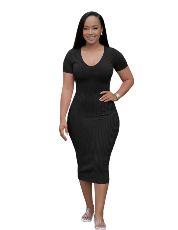 Image of TOPSRANI Women Sexy Midi Dress Bodycon Casual Sleeveless Basic Ruched Tank Summer Club Party Dresses