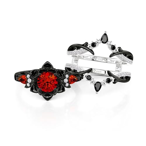 Image of Jeulia 2PCS Wedding Ring Set Black Tone Red Gemstone Three Stone Ring Moon Star Motifs Gothic Stackable Bridal Ring Set Vintage Floral Engagement Promise Jewelry Gift for Women