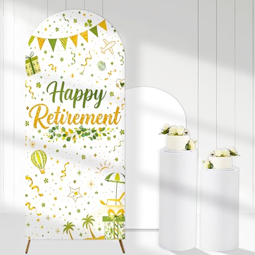 Happy Retirement Arch Backdrop Cover Green Gold Retirement Party Decorations 6ft Stretch Spandex Happy Retired Backdrop for Men Women Coworker Goodbye Going Away Party Supplies Photo Booth Props