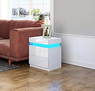 AWOOOD Sofa Side Tables High Gloss Bedside Tables 2 Drawers with Led Light Wooden Side Table End Table for Living Room, White