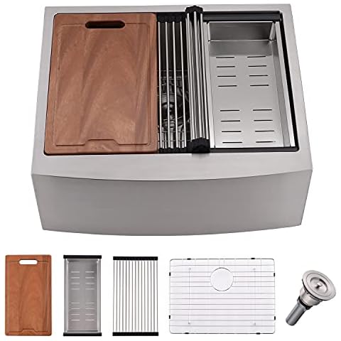 25 Inch Farmhouse Workstation Kitchen Sink - VOKIM 25X22 Inch Stainless Steel Apron Front Farmhouse Workstation Kitchen Sink 16 Gauge Stainless Steel Ledge Single Bowl Luxury Farm Sink Cover