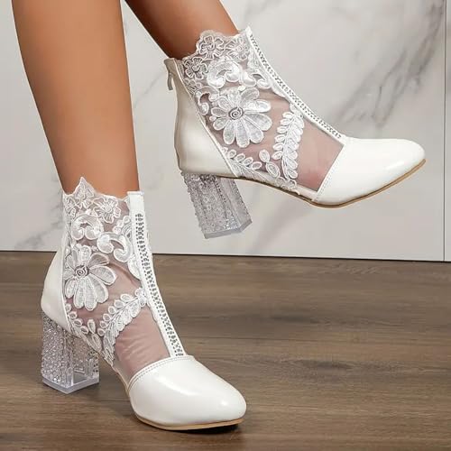 Women's Lace Flowers Chunky High Heels Ankle Boots Round Toe Embroidered Leather Fashion Short Booties with Back Zipper Sexy Fall Boots for Wedding Party Shoes2