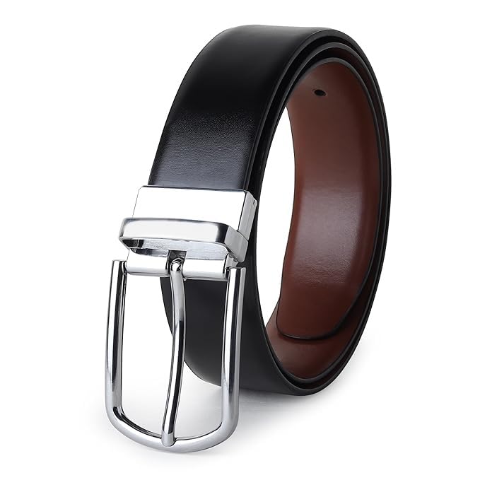 Belts for Men Leather Original, Reversible Black & Brown Formal & Casual Italian Leather Belt with Solid Metal Curved Buckle-image-22