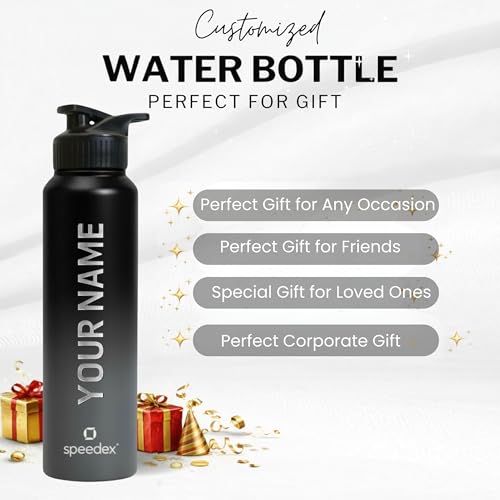 Image of Speedex Customised Stainless Steel Water Bottle 1 Ltr with Name - Personalised Engraved Sipper Cap Bottle for Kids, Men & Women, School, Gym, Office Black Grey, Set of 1