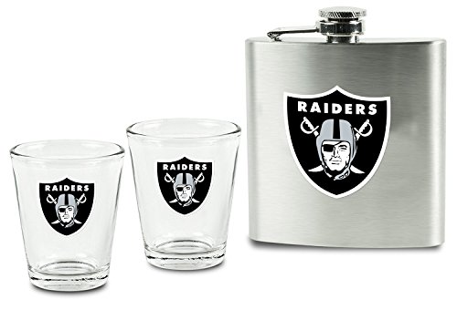 Pro Specialties Group PSGLS0293868 Nfl Oakland Raiders Shot Glasses And Brushed Stainless Steel Flask Set thumb #1