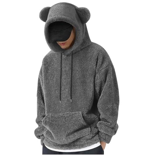 Men's Cute Bear Ear Hoodies Casual Loose Fleece Tunic Sweatshirt Fuzzy Lined Pullover Tops with Pocket