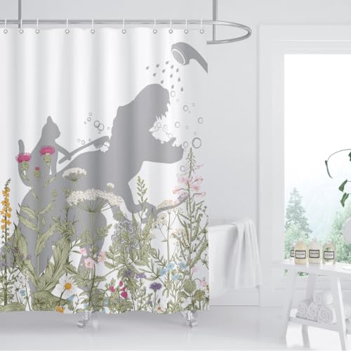Image of Cat Dinosaur Shower Curtain Funny Cat Help Dino Bathe Behind Wildflowers Trex Silhouette Shadow for Kids Bathroom Home Decor Waterproof Polyester Fabric 72Lx72W Inch with Hooks