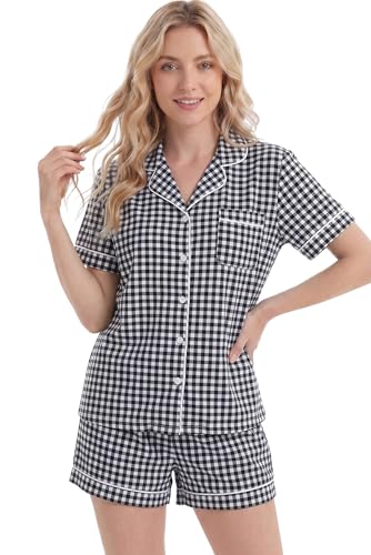 Image of LUBOT 100% Cotton Pajamas for Women 2 Piece PJ Set Button-Down Soft Knit Short Sleeve Summer Sleepwear Loungewear XS-XXL
