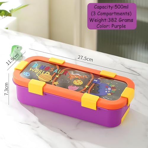 Image of HOUSIFY Kids Stainless Steel Lunch Box | Leakproof Bento Tiffin Box with 3 Compartments | BPA Free Food Grade Lunch Box for Boys & Girls | Airtight School Tiffin Box with Cutlery Storage | 500ml