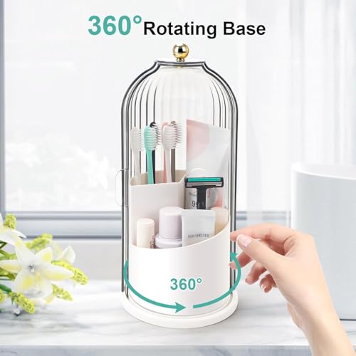 Image of Toothbrush Holder with Lid Bathroom Organizer Countertop, Rotating 3 Slots Electric Tooth Brush Toothpaste Holder Bathroom Counter Stand Sink Organizer Caddy for Vanity Makeup Brushes (Clear)