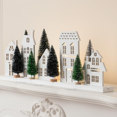 Kathfly 16 Pcs Christmas Village Set Christmas Village White Houses with Base Include Wooden Houses Tree and Cedar Pine Farmhouse Town Decor for Decorative Signs Plaques