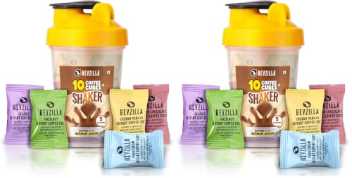 Image of Bevzilla Instant Coffee Cubes & Bottle Pack With 10 Coffee Cubes (2 Cubes Each Flavour) | Hazelnut, Classic, Belgian Chocolate, Irish Cream & Creamy Vanilla | BPA Free Shaker 500 Ml Leak Proof