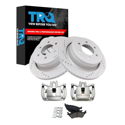 Image of TRQ Rear Performance Brake Pad, Caliper, & Rotor Kit Ceramic Premium G-Coated Compatible with 2012-2016 Ford F-150