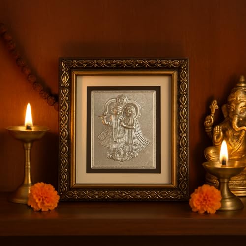 Image of 999 Silver Radha Krishna Wooden Photo Frame | Govind, Gopal, Kanhaiya Wall Hanging Divine Tasveer for Home Mandir, Puja, Office, Return Gift, Housewarming, Anniversary- 15x12x2 CM