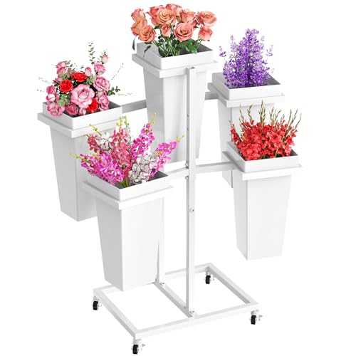 Asee'm Flower Display Stand with 5 Square Buckets Multi-tiered Metal White Flower Cart Stand with Wheels Moving Plant Stand Bar Shelf Flower Holder for Indoor Outdoor Patio Garden Florist Wedding