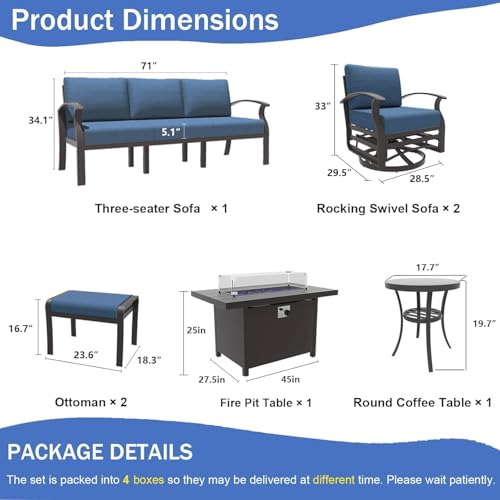 Image of Aluminum Patio Furniture Set with Fire Pit Table, 7 Seats Outdoor Patio Conversation Sets with Swivel Chair Modern Metal Sectional Sofa with Upgrade Cushions for Patio, Backyard - Blue