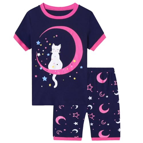 Gumyoss Conjuntos de Camiseta y Pantalón Corto para Niña Conjunto de Camiseta de Manga Corta de 2 Piezas 100% Algodón Luna Gato 3 años