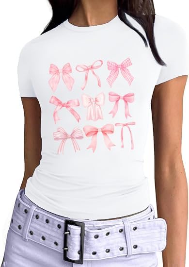 Crop Tops for Women Casual Short Sleeve Shirts Trendy Y2k Cute Bow Print Shirts Slim Fitted Spring Clothes for Women