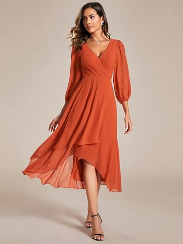 Image of Ever-Pretty Women's Chiffon V Neck Long Sleeves A-Line Midi Length Wedding Guest Dress Cocktail Party Formal Dresses 01926