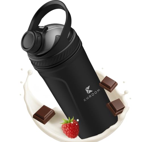 Khroom Thermo Protein Shaker 700 ml aus Edelstahl | 12 h heiß/kalt | auslaufsicherer Deckel | spülmaschinenfest | Mix-Einsatz für Eiweißshake, Smoothie, Tee (Schwarz)