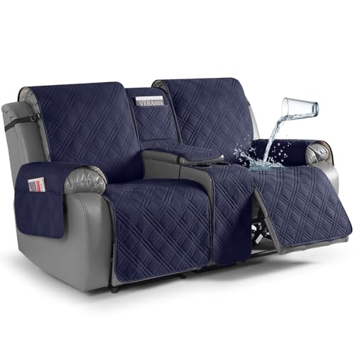 Image of TAOCOCO Polyester Loveseat Recliner Cover With Center Console, 100% Waterproof Pet For Dual Cup Holder, Split Reclining Furniture Pet&Kids Protector (2 Seater, Navy Blue)