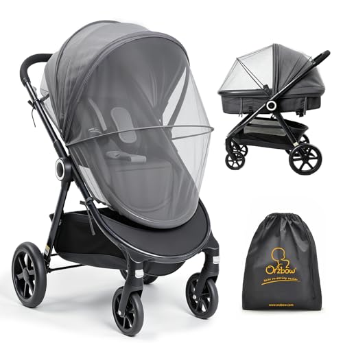 Orzbow Mosquitera Carrito Bebe Universal,Respirable Red Antimosquitos Bebe con Cremallera,3D PVC Support Red Antiinsectos Malla Encriptada para Capazo,Silla de Paseo con Bolsa (Gris Oscuro)