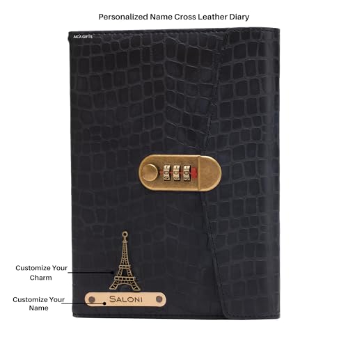 Image of AICA Personalized Name & Charm Leather Lock (Black) Diary � A5 Size 230 Pages with Combination Lock for Men & Women | Customized Planner Diaries Office Corporate Gift Items for Employee Colleagues