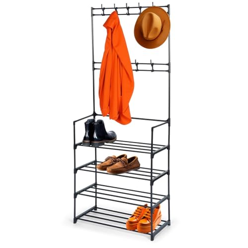 Vilde Perchero de pie con estantes para zapatos, de metal, negro, 57 x 28 x 156 cm