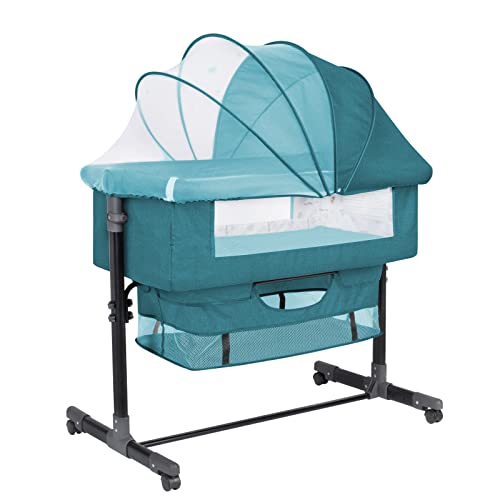 Image of GoFirst Bedside Bassinet for Baby, Bedside Sleeper with Wheels, Heigt Adjustable, with Mosquito Nets, Large Storage Bag, for Infant/Baby/Newborn (Blue)