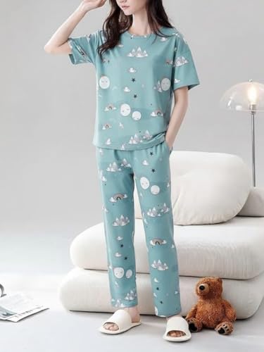 Image of Women's Korean Style Night Suit Set | Cotton Half Sleeve Top & Pyjama Set | Round Neck Printed Nightsuit | Comfortable Nightwear & Loungewear for Women | Sleepwear Pjs Lounge Set |Co-ords Outfit