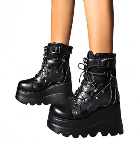 Womens Goth Platform Boots Chunky High Heel Booties Round Toe Combat Ankle Boots Womens Lace Up Motorcycle Wedges Shoes4
