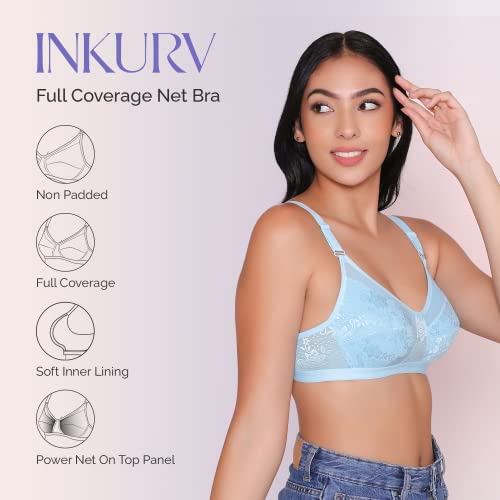 Image of INKURV Non-Padded Full Coverage Bra for Women with Cotton Blend Lining | Stylish and Stretchable Net Design | Fancy and Soft Bra for Women Daily use