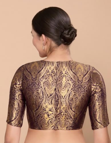 Image of Studio Shringaar Women Brocade Silky Jewel Neck Readymade Elbow Length Sleeve Saree Blouse