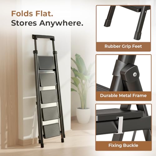 Image of HomeEssentials Foldable Ladder for Home | Heavy-Duty Steel with Large Platform | Wide Non-Slip Rubber Feet | Secure Lock Mechanism (5 Step)