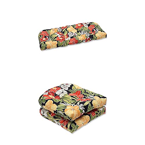 Pillow Perfect Outdoor/Indoor Clemens Noir Tufted Seat Cushions (Round Back), 19" X 19", Black, 2 Pack + Outdoor/Indoor Clemens Noir Tufted Loveseat Cushion, 44" X 19", Black #TOP8