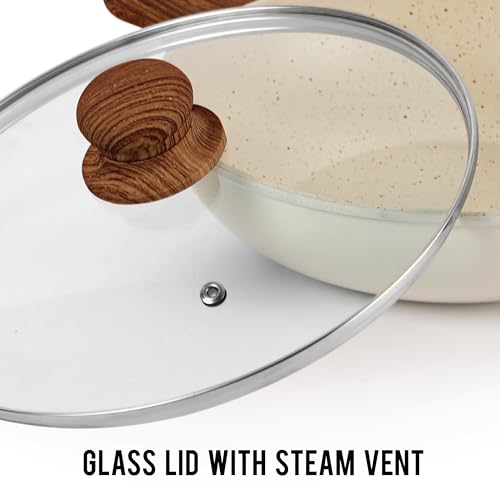 Image of CELLO Castello Die Cast Induction Aluminium Kadhai with Glass Lid 24 Cm, 4 mm Thickness | Induction Base Kadhai | Wooden Handle | Scratch Resistant | Dishwasher Safe | Beige