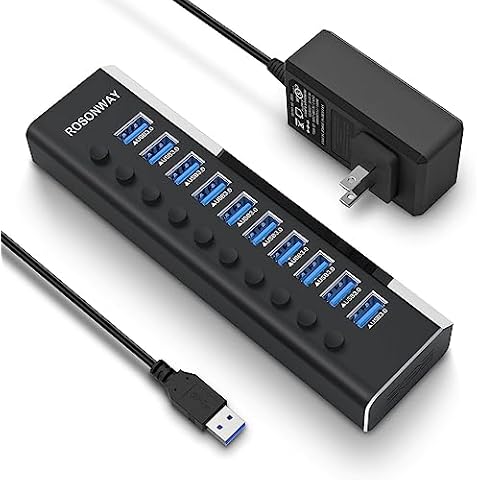 Powered USB Hub, Rosonway Aluminum 10 Port USB 3.0 Data Hub with 36W (12V/3A) Power Adapter and Individual On/Off Switches USB Splitter(RSH-A10) Cover