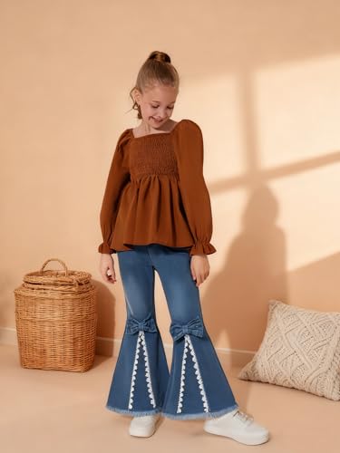 Image of XUANHAO Toddler Girls Clothes Puff Sleeve Smocked Shirt Flare Jeans Pant Outfits for Girl Bell Bottom Kids Girls Clothing Set