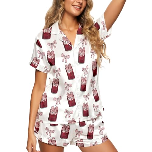 Image of Women 2PCs Satin Pajama Set Short Sleeve Silk Feel Gift Sleepwear | Soft stretch satin; relaxed comfort fit sizes S-3XL for sleep & lounge; short sleeve top, elastic waist shorts; easy care