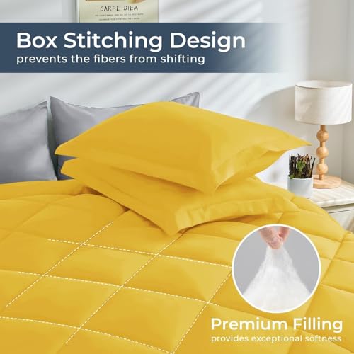 HEVUMYI Cali-King Comforter Set - 7-Piece All Season Bed in a Bag Cali-King, Ultra Soft Bedding Set with Comforter, Flat Sheet, Fitted Sheet, Pillowcases, Pillow Shams, Yellow & Light Grey