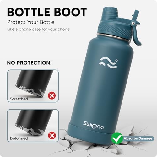 Image of Swigina Insulated Water Bottle with Silicone Boot (36hrs Cold /18hrs Hot) - DIY Stickers, Leakproof, BPA Free, 24 oz [2-IN-1 LID]