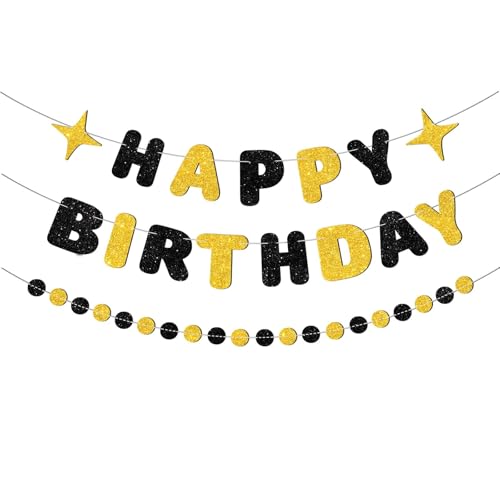 Image of Black and Gold Happy Birthday Banner-Happy Birthday Decorations for Men Women Boys Girls Glitter Garland Birthday Sign for 30st 40st 50th 60st Party Decor, Backdrop Supplies