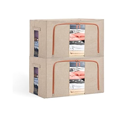 Caicai Clear Window Storage Bins- Foldable Fabric Organizers and Storage with Clear Window, Carry Handles and Metal Frame, Organizers and Storage for Closet, Toys ( Beige, 15.7X 11.8X 7.7Inch ) Cover