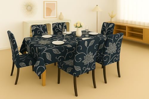 Image of Homerz Premium 6 Seater Dining Table Cloth with 6 Dining Chair Covers,Elastic Fitted Chair Slipcovers, Printed Polycotton Fabric, Table Cloth Size 60x90 inch (Lotus)