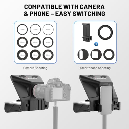 Image of Desview T5 Teleprompter for Smartphone & Tablet, Video Recording | Compatible with DSLR Cameras. Includes 49-82mm Adapter Rings, Coated Glass, Bluetooth Remote, Free App for Streaming